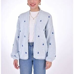 Fanm Mon Hand Knit HIRKA Embroidered Cotton Cardigan Sky Blue Women's Size M/L